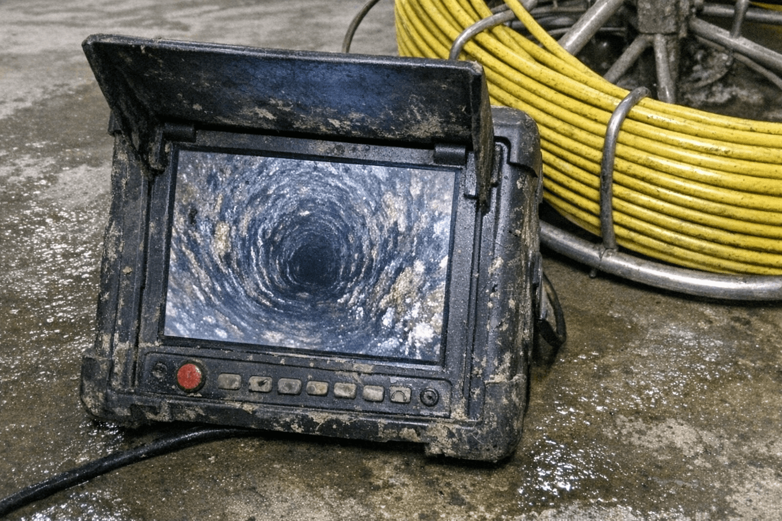 Techniker hält eine Kanal-Kamera auf einer Kabeltrommel, daneben liegt ein Tablet mit Inspektionsbericht