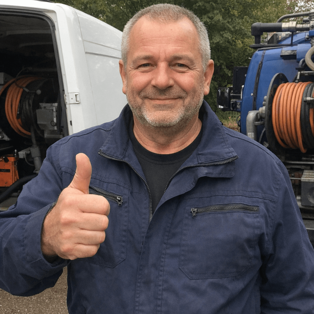 Inhaber eines Rohr- und Kanalbetriebs steht in Arbeitskleidung neben einem Servicefahrzeug