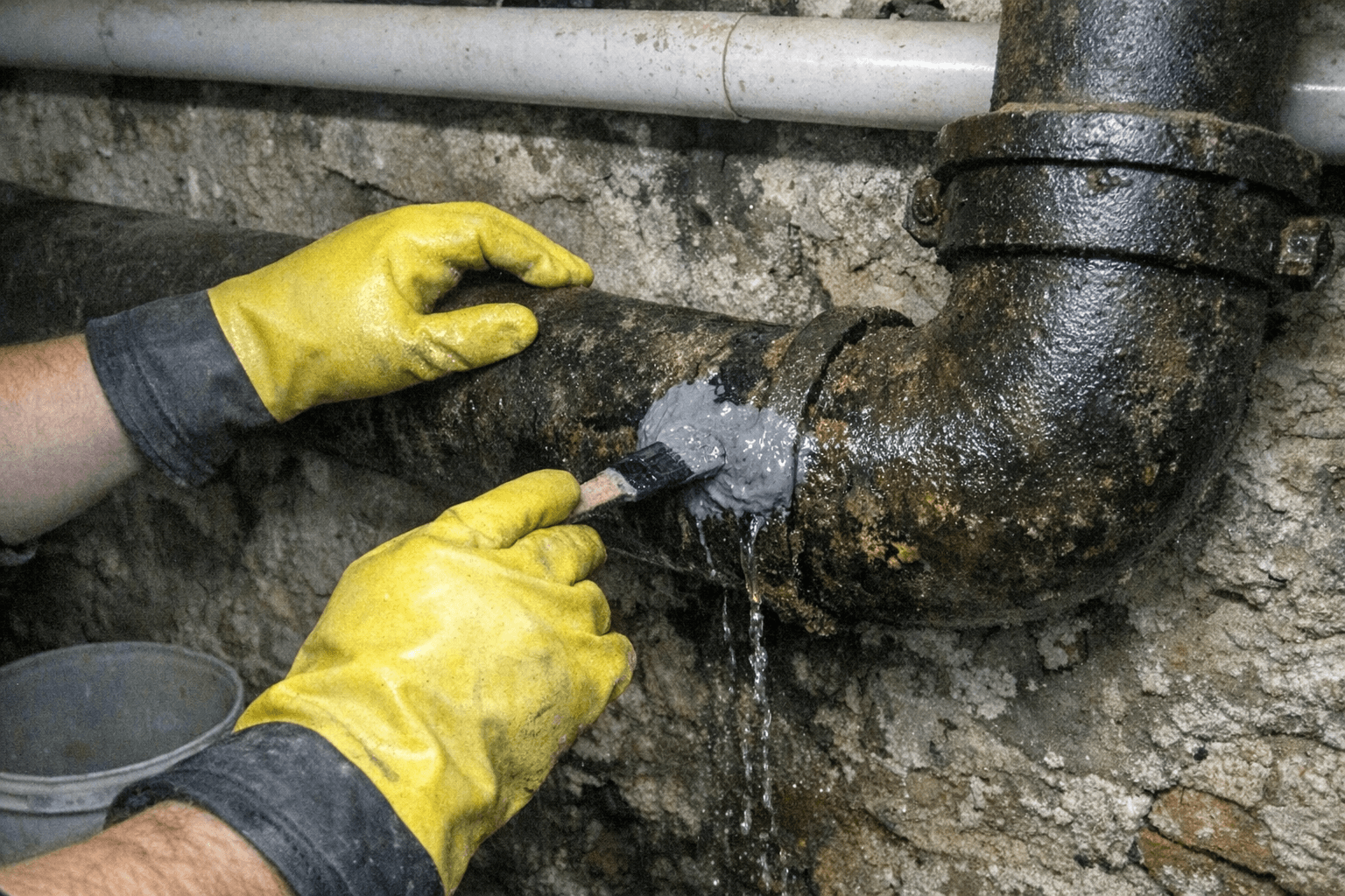 Nahaufnahme: Harz wird über ein Werkzeug in einem Rohrabschnitt verteilt, um eine undichte Stelle abzudichten