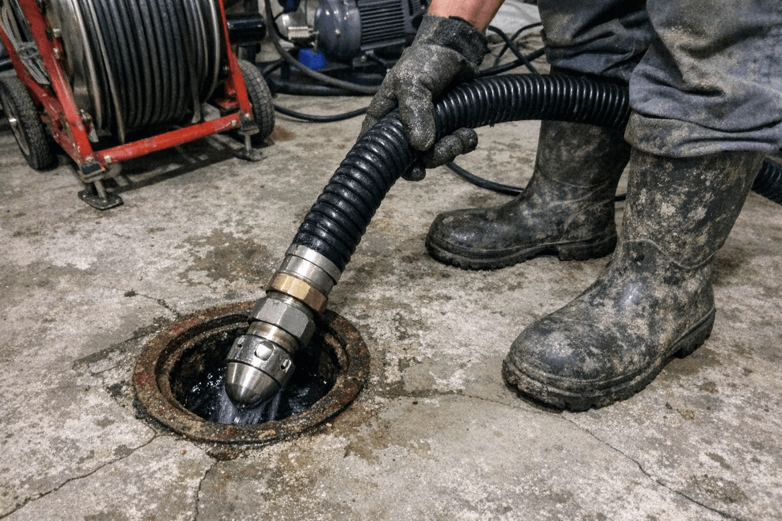 Techniker betrachtet auf einem Monitor die Liveaufnahme einer Kanal-Kamera während einer Leitungsinspektion