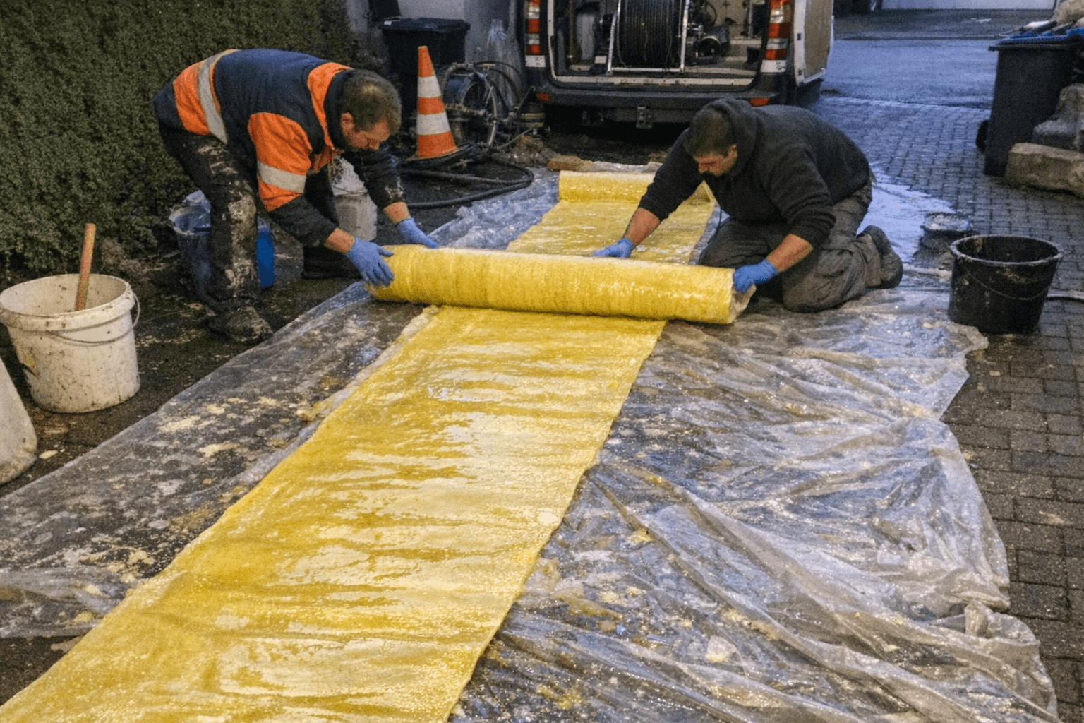 Ein Inliner-Schlauch wird an einem geöffneten Revisionsschacht vorbereitet und an die Einbaulänge angepasst