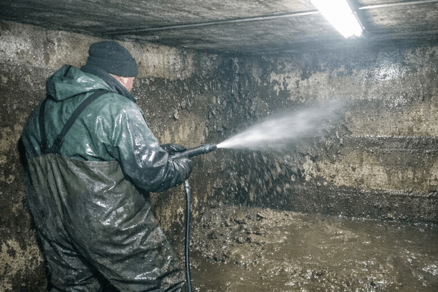 Mitarbeiter spült einen Regenwasserspeicher mit einer Lanze, während ein Sauger Schlamm aufnimmt