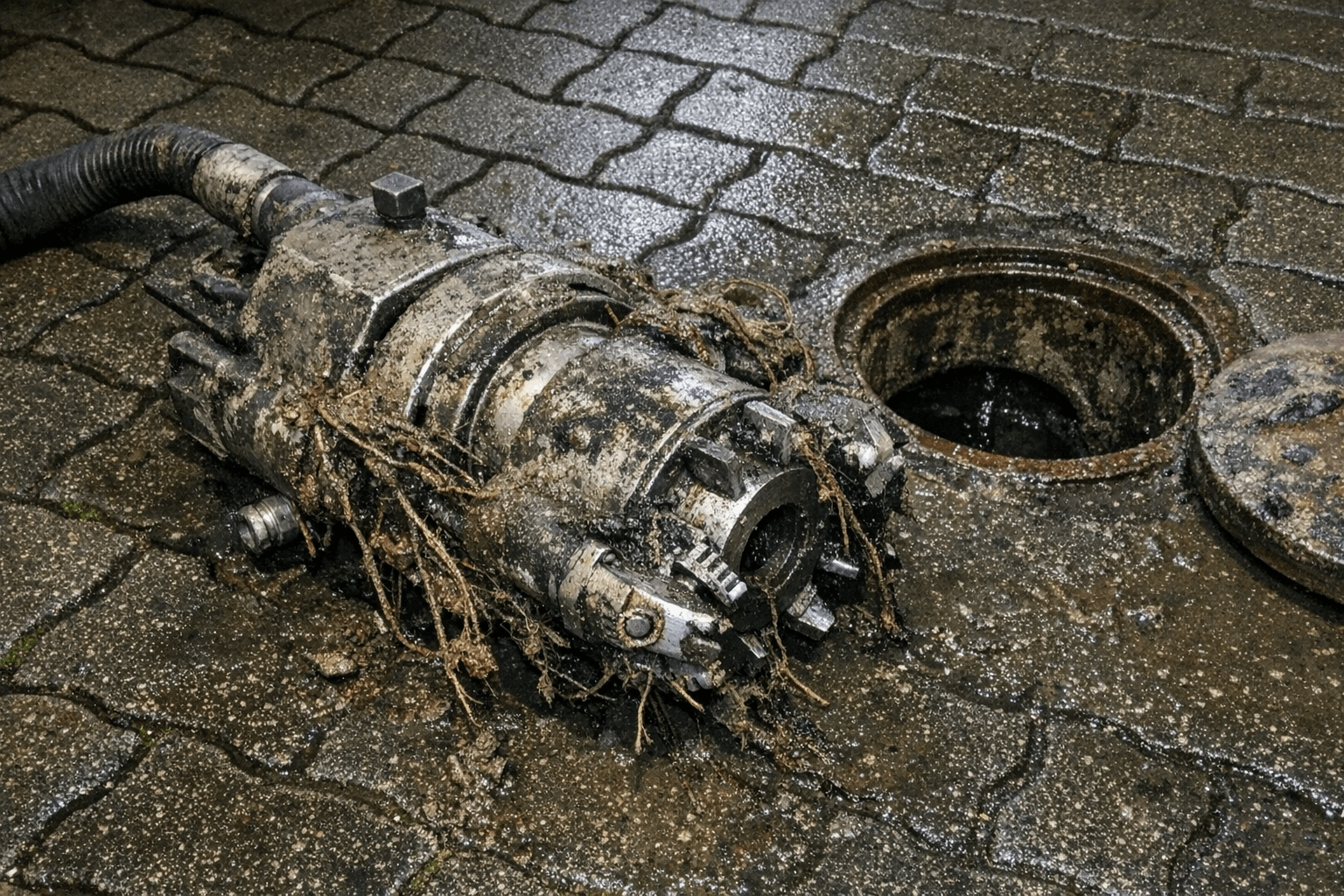 Aufnahme aus einer Kanal-Kamera zeigt Wurzeln im Rohr, während ein Fräskopf kurz davor positioniert ist